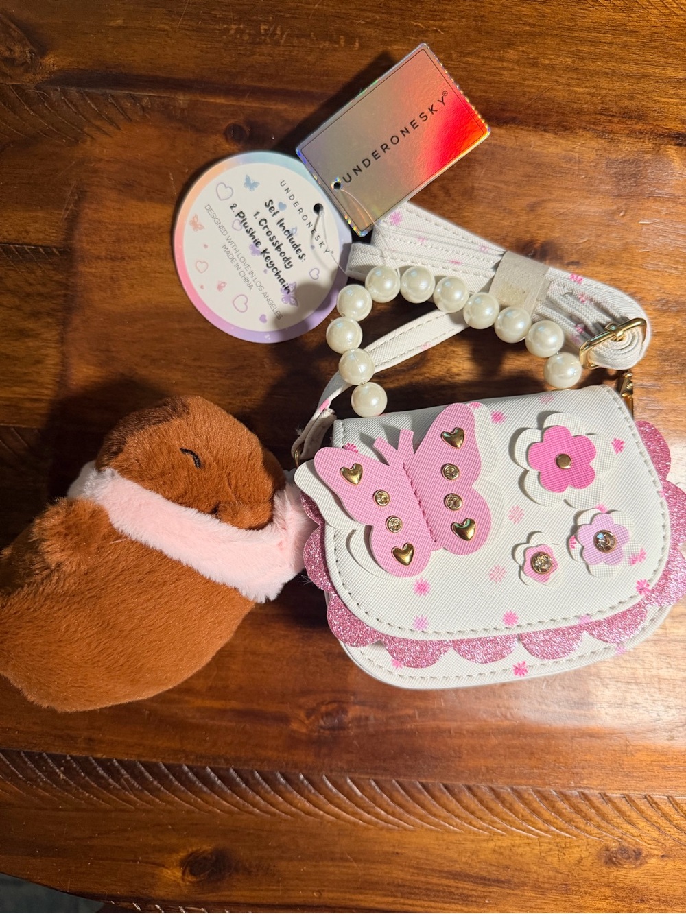 Kids White & Pink Butterfly Crossbody Bag with Plushie Keychain